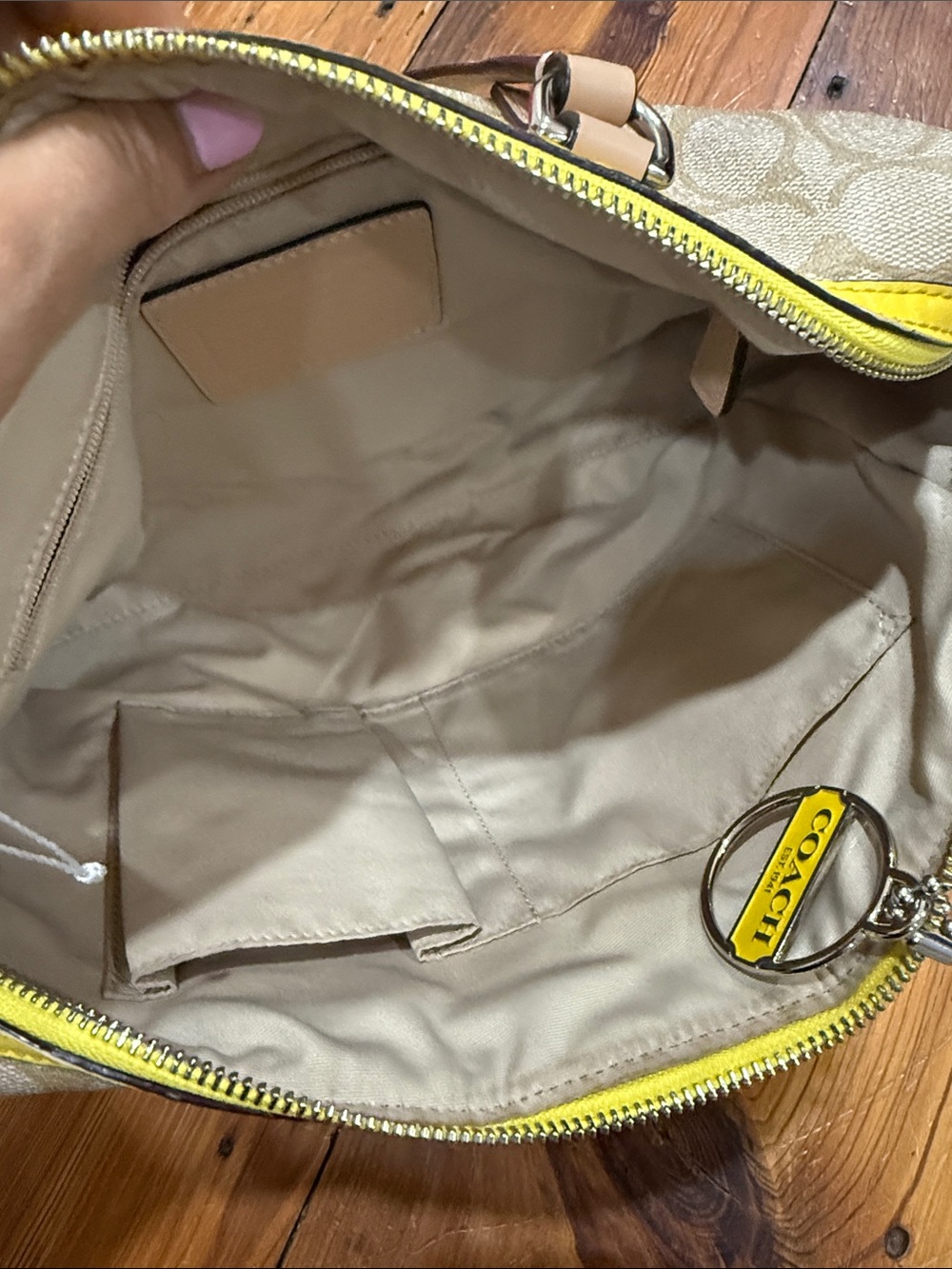 Coach Beige Signature Tote and Wristlet with Yellow and White Stripe - Picture 5 of 13